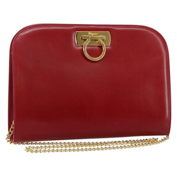Authentic Salvatore Ferragamo Gancini Chain Shoulder Bag Leather Red Gold